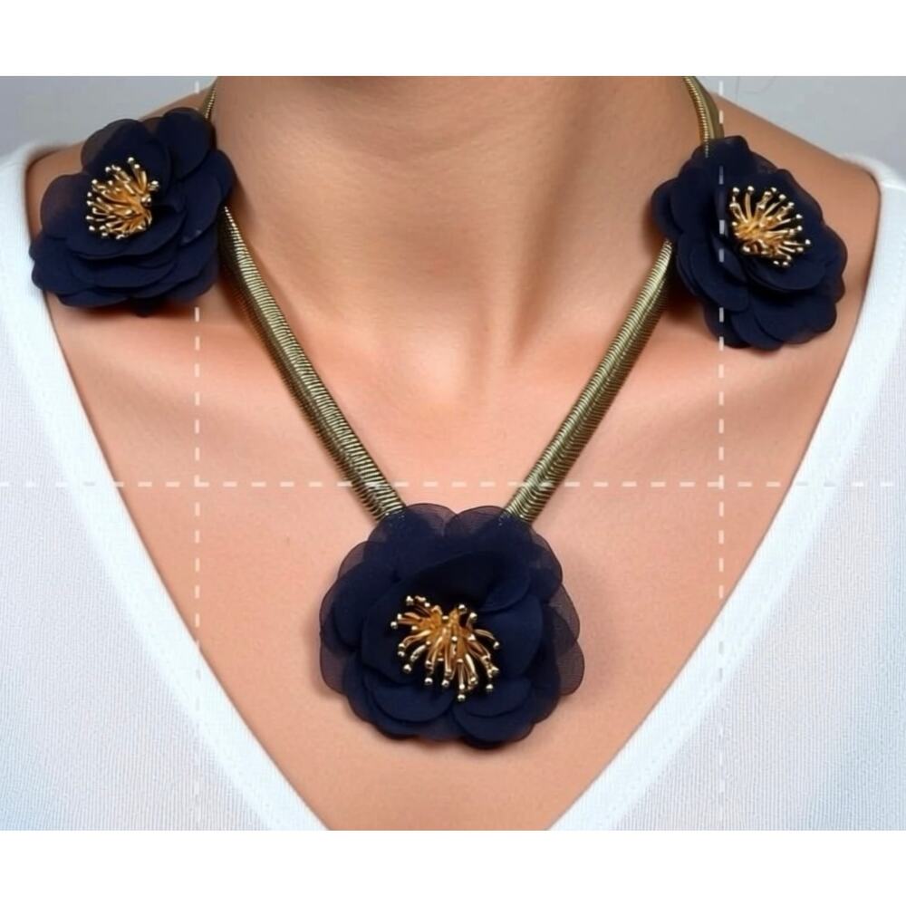 Vintage Navy Floral Statement Necklace 15 Inch Gold Tone Unsigned 1980s
